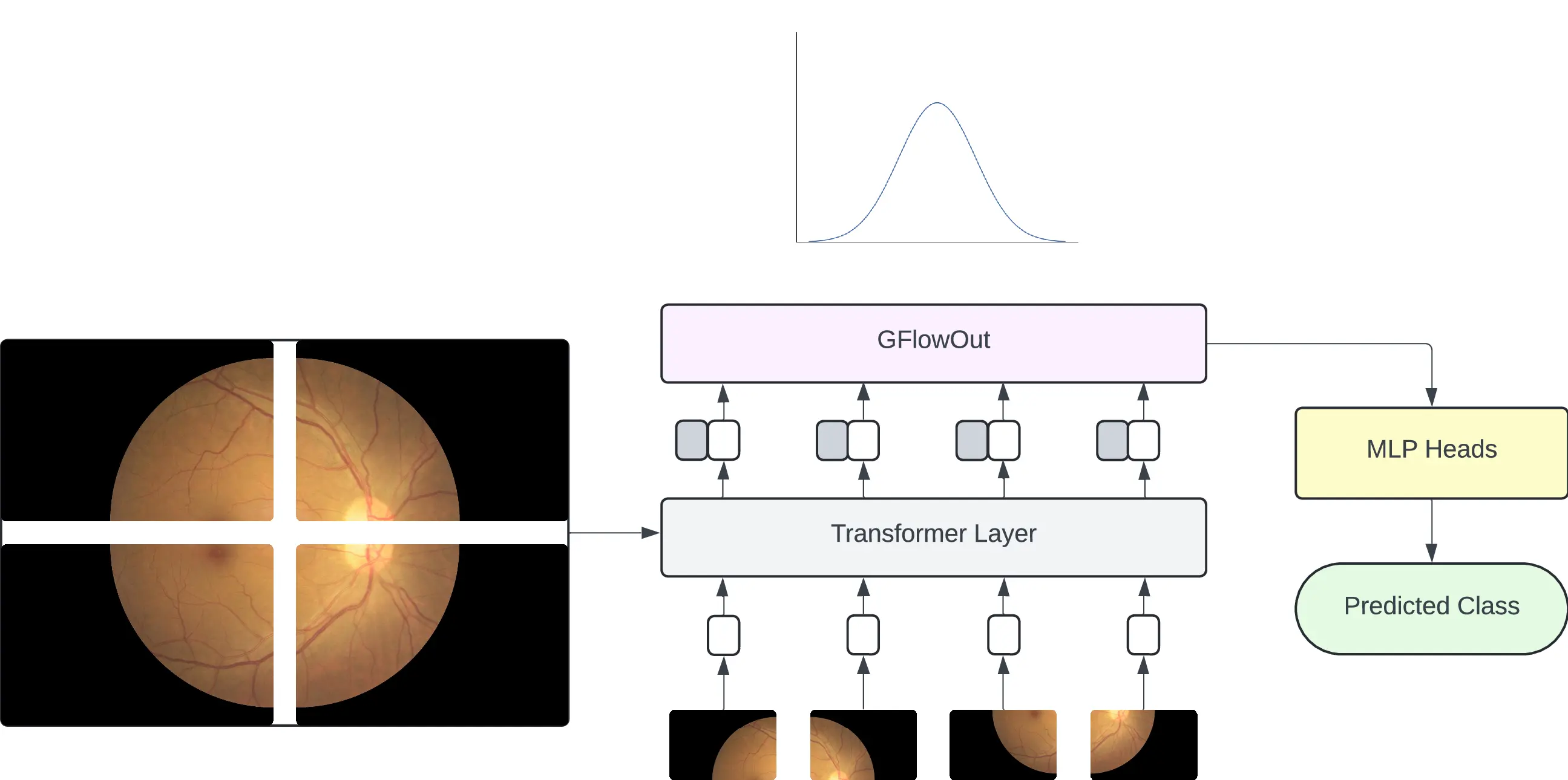 In the vision transformer architecture, we apply GFlowOut, a learnable dropout technique, in the transformer encoder. This allows us to learn posterior distribution over dropout masks tailored to our dataset, improving performance of the model.